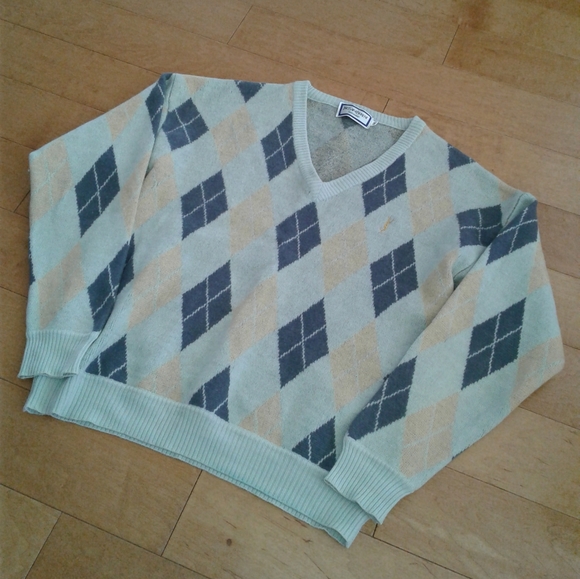 Yves Saint Laurent Argyle Sweater YSL Pullover merino wool jumper V neck men's M - Picture 4 of 7
